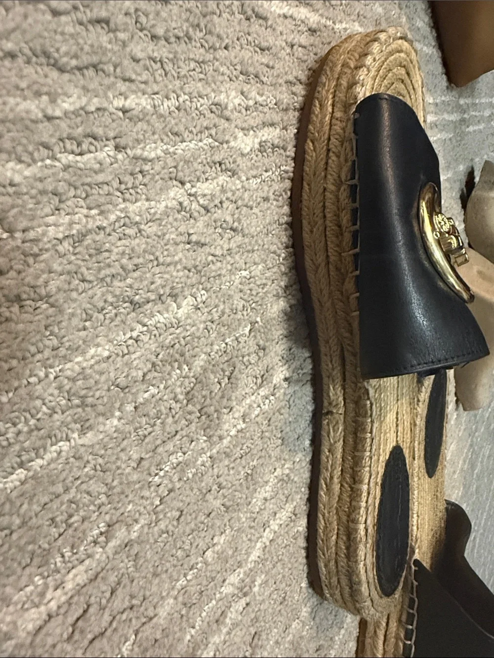 Classic Coach Black Leather Espadrille Slides with Gold Carriage Emblem
